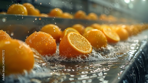The process of washing and cleaning citrus fruits on a modern production line, conveyor, water, splashes.