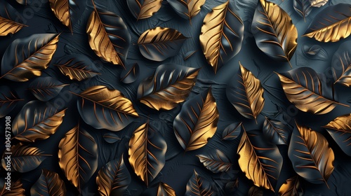 Black and gold leaves pattern on a dark background in the style of a vector illustration.