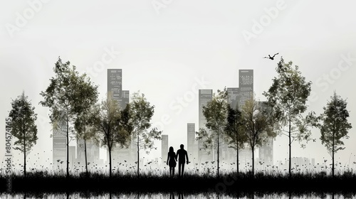  A pair of individuals, one beside the other, face a tranquil body of water Towering structures loom behind them