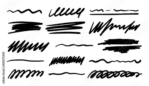 Set of hand drawn marker strikethrough and underline strokes. Different scribble lines and brush strokes. Vector illustration.