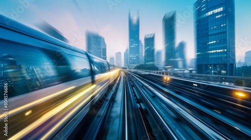 A futuristic cityscape backdrop as a high-speed train zooms through the urban landscape."