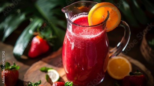 A glass pitcher filled with icy cold fruit smoothie, inviting you to indulge in a tropical treat."