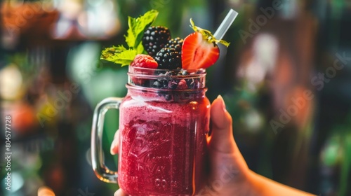 A hand holding a mason jar filled with vibrant blended fruit smoothie, a visual feast for health enthusiasts."