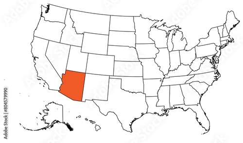 The outline of the US map with state borders. The US state of Arizona