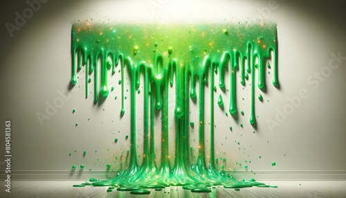 Vibrant neon green slime with sparkling glitter dripping vertically down a plain white wall