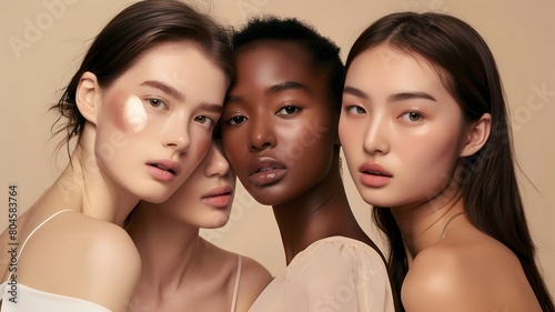 models of different races and ethnic groups. Focus on skin care in dermatology and makeup studios.