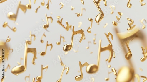 Golden music notes flying in the air against a white background, rendered in 3D.