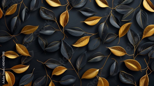 Black and gold leaves pattern on a dark background in the style of a vector illustration.