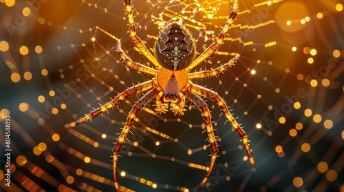 Delve into the mesmerizing realm of arachnids with a captivating image of a golden silk orb weaver, poised gracefully within its intricately woven web. Marvel at the glistening threads of golden silk