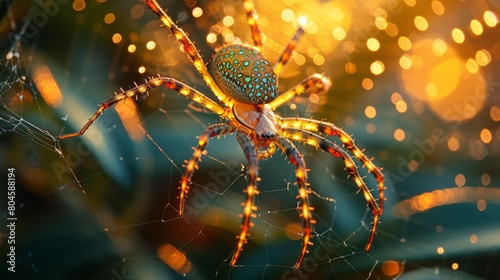 Capture the ethereal beauty of a golden silk orb weaver as it navigates its intricate web, weaving a tapestry of shimmering silk in the dappled sunlight. This captivating image offers a glimpse into 