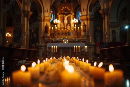 candles lit in church with altar and crucifix religious architecture photography