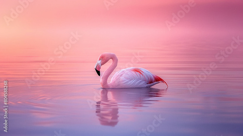 Against a backdrop of twilight hues, a flamingo glides through the calm waters, serene and majestic.