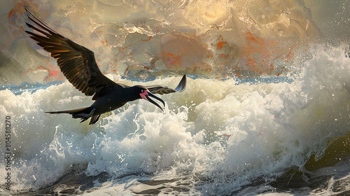 Against a backdrop of rolling waves, a magnificent frigatebird soars, its presence commanding attention.