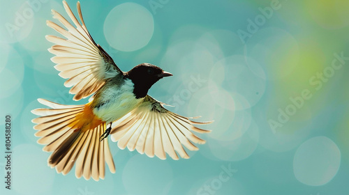 Against a canvas of azure skies, a Himalayan bulbul takes flight, wings outstretched.