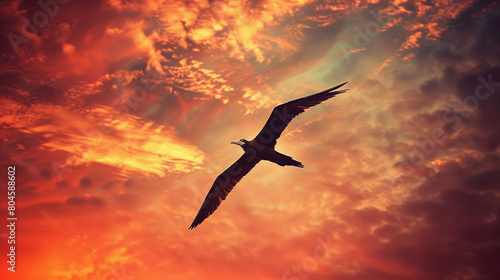 Against a vivid sky, a magnificent frigatebird soars with wings outstretched, a symbol of freedom.