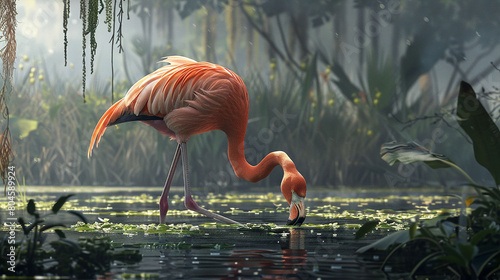 Amidst a flurry of activity, a flamingo feeds on algae, its long neck gracefully curved.