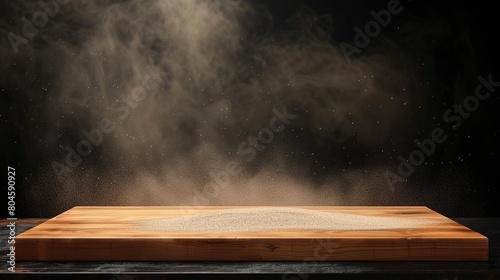 Wooden board with a cloud of flour dust on a dark background