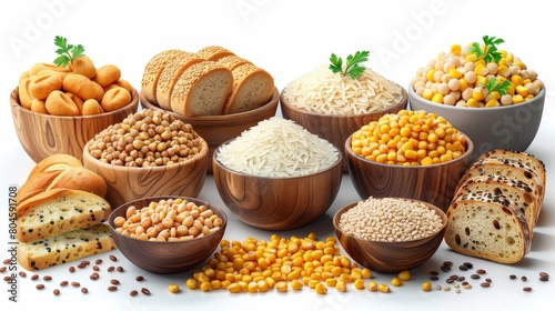 Modern illustration of carbohydrate food concepts. Wheat, bread, rice, corn, noodles, and other carbohydrates.