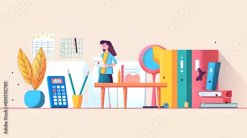 Financial Officer in the workplace with computers, calculators, and charts