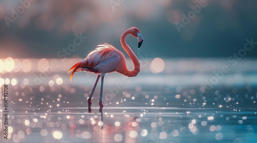 Captured in HD, a flamingo stands tall amidst a shimmering lake, its pink plumage vibrant.