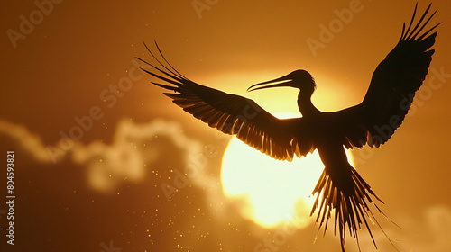 Captured in HD, a magnificent frigatebird's silhouette is outlined against the setting sun's brilliance.