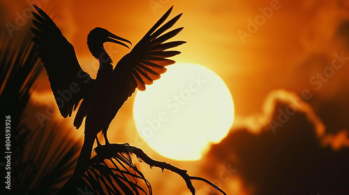 Captured in HD, a magnificent frigatebird's silhouette is outlined against the setting sun's brilliance.