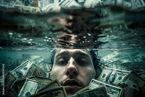 man submerged under a sea of money symbolizing the suffocating burden of debt in modern society conceptual photography