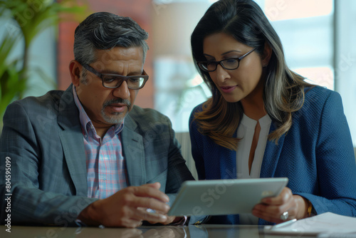 At a corporate meeting in the office, two distinct business team individuals are conversing and actively working on a company project. An Indian employee and a middle-aged Hispanic executive are seen