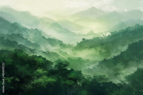 misty morning in the lush green mountains with foggy landscape digital painting