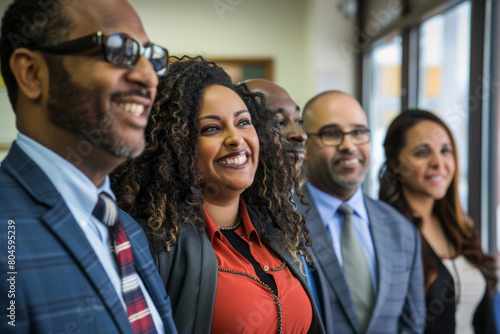 Enthusiastic business people, representing different racial backgrounds, share smiles as they pose in the office. Together, they serve as professional advisors and contribute to the accounting