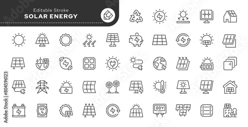 Series - Solar energy, solar battery. Set of line icons in linear style. Photovoltaic converter of solar energy into electric current. Renewable energy.Outline icon collection. Conceptual pictogram