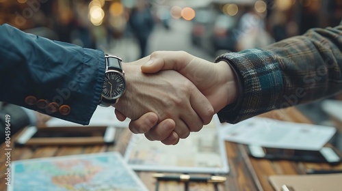 Visualize a top view close-up of retail business owners shaking hands over a table displaying detailed franchise agreements and maps showing location analytics, symbolizing the expansion.