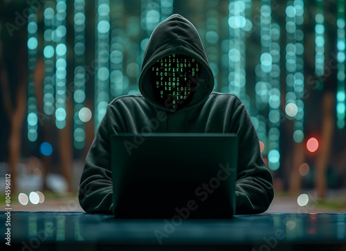 The hacker doing cyber attack in the mask is sitting at their computer, the computer screen shows code and data. Digital security cybercrime concept