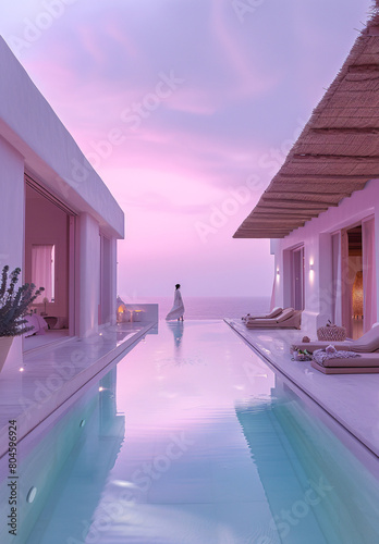 Santorini Island white buildings and sea view with pink hue 