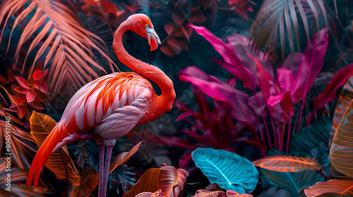 Perched on one leg, a flamingo strikes a pose against a backdrop of vibrant foliage.