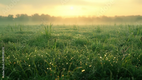 Green morning field, dewy grass, thin fog layer on the horizon and the warm