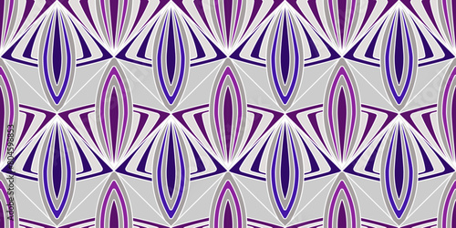 Abstract geometric seamless pattern. Diagonal mosaic tiles. Purple violet triangles and square on gray background. Fantasy geometric shapes for decor clothes, home, etc.