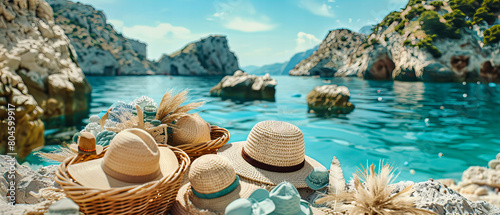 Mediterranean Summer Beach Scene with Straw Hat and Sunglasses, Perfect Vacation Setup, Coastal Relaxation