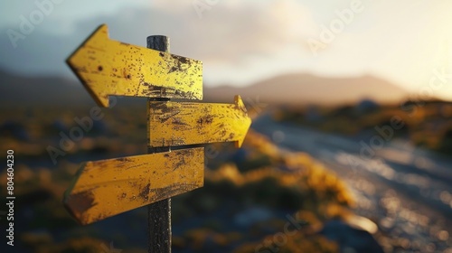 A yellow sign pointing in opposite directions on a dirt road. Suitable for navigation concepts