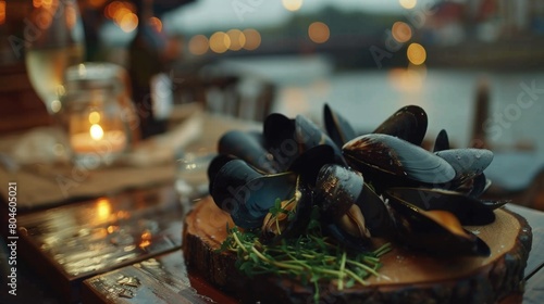 Fresh mussels on a table, perfect for seafood lovers