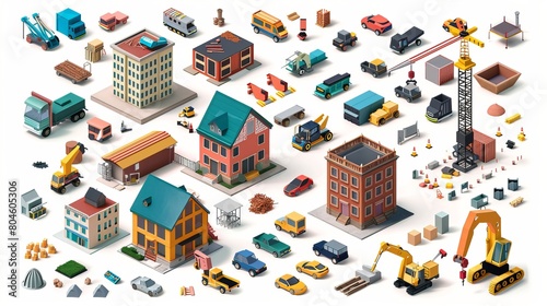 An industrial set of 3D isometric projections includes dimensional houses, buildings, cranes, cars, and other design elements necessary for creative designers.