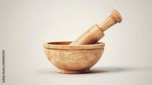 Wooden mortar and pestle in a bowl, useful for cooking recipes