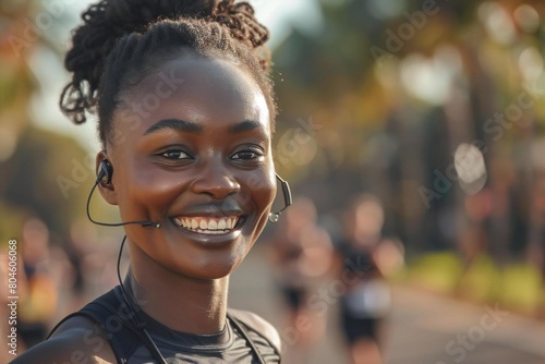 Close-up of smiling African woman running marathon for healthy fitness and strength glow, aged athlete active in wellness yoga sustainability vegan lifestyle.