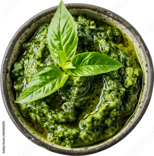 Fresh basil pesto sauce with vibrant green leaves in ceramic bowl cut out on transparent background