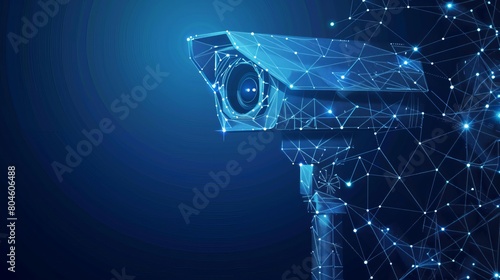 Depicting modern CCTV cameras, this abstract low poly wireframe mesh design showcases surveillance and monitoring concepts against a dark blue background.