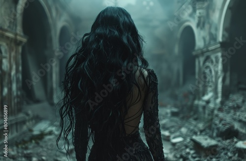 A dark-haired woman stands with her back to the viewer, gazing into a gothic, ruined cityscape, evoking a sense of mystery and post-apocalyptic solitude