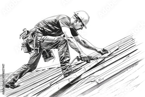 A man working on a roof with a saw. Suitable for construction industry projects