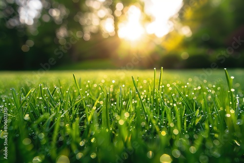 the grass is covered with dew