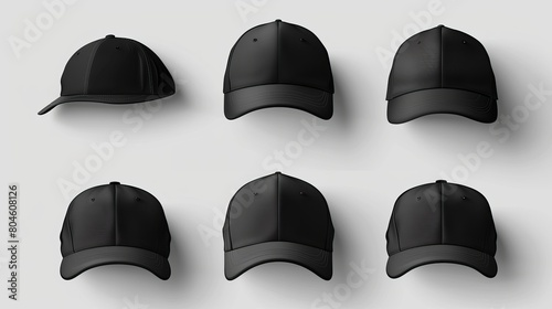 Realistic 3D mockup set of black caps, including sport baseball caps with visors and uniform hats from various angles. Ideal for headwear design illustrations.