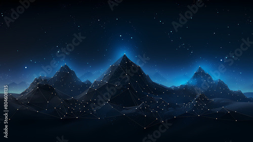 Digital mountain range made of glowing lines and dots